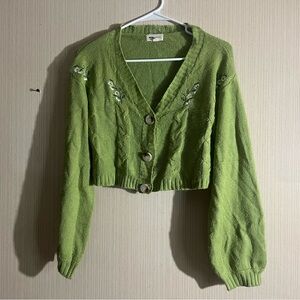 Vintage Olive Cardigan with Embroidered Details